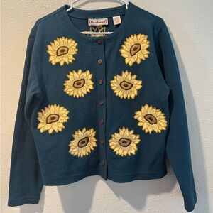 Vintage Bechamel Teal Knit Sweater with Embroidered Sunflowers